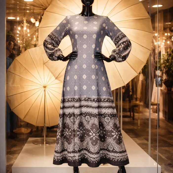A long-sleeved floor-length dress in a muted blue-gray tone featuring a repeating white diamond pattern on the bodice and sleeves, with a wide, dark, intricate floral and paisley b