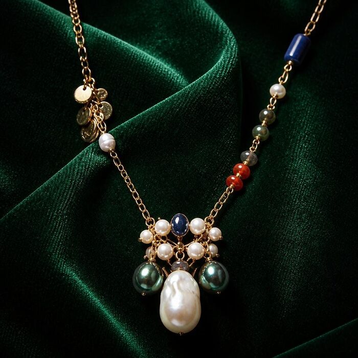 A gold chain necklace featuring a central cluster of white pearls, a large baroque pearl, and two dark green pearls. The design includes a small blue oval stone, a series of multi-