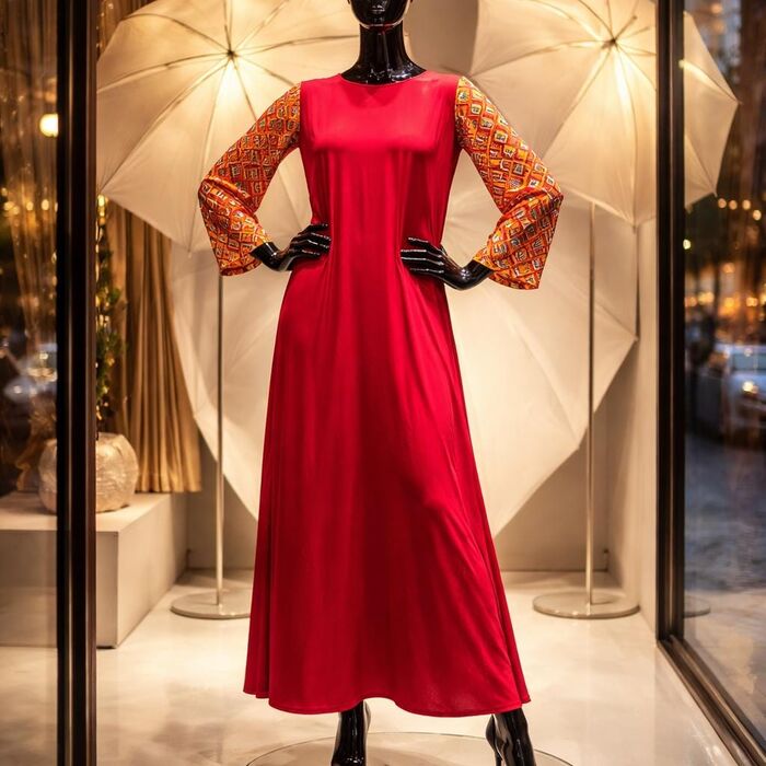 Crimson Maxi with Printed Balloon Sleeves — view 1