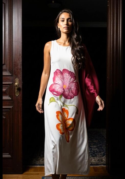 White sleeveless dress featuring large floral designs in pink and orange. A burgundy shawl is draped over one shoulder. The dress is floor-length and appears to be made of a lightw